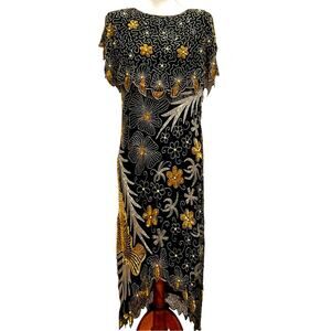 Vintage Dress Small Formal Silk Art Deco Jewel 80s does 20s Beaded Gatsby RARE